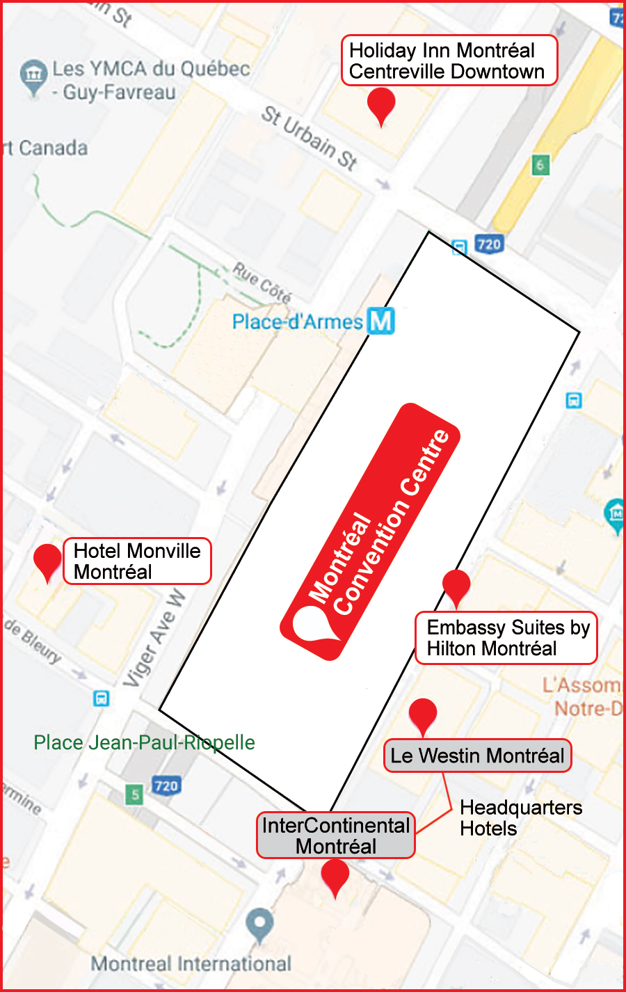 Downtown Montreal Map of Hotels and Convention Center